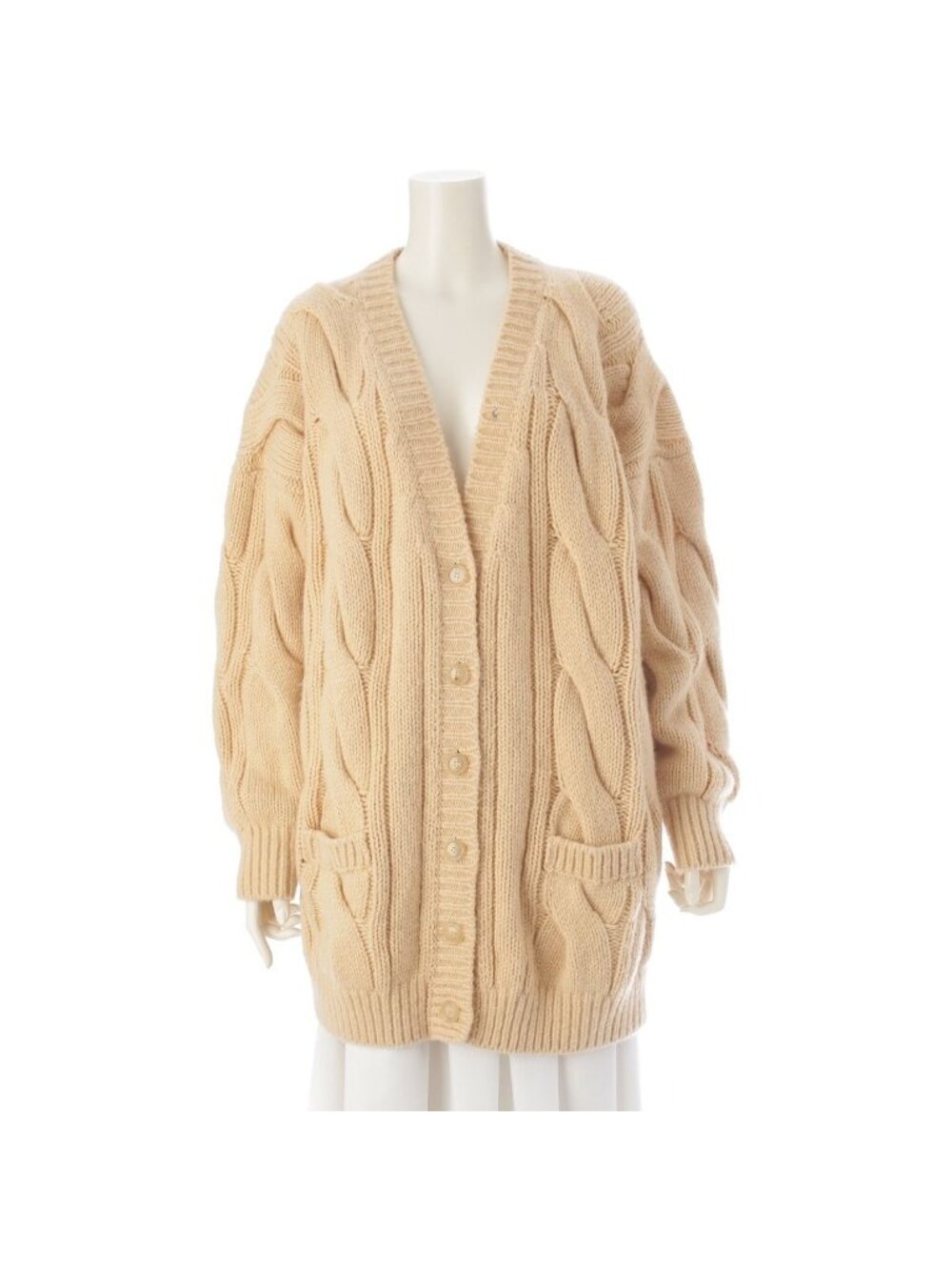 Celine Cashmere Wool Cable Knit Long Cardigan Top Beige